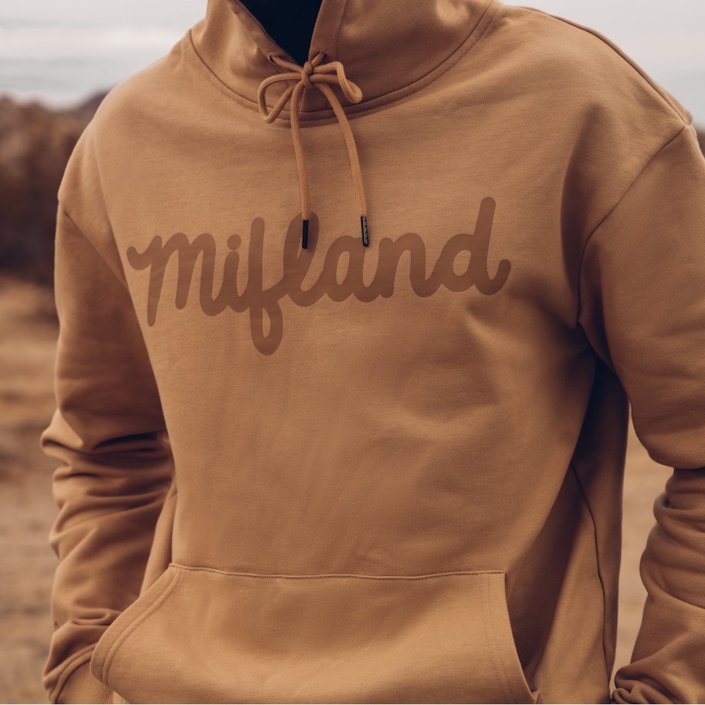 Mifland Tan Hoodie Sweater Mens Large Cotton Script Logo Uniform Streetwear